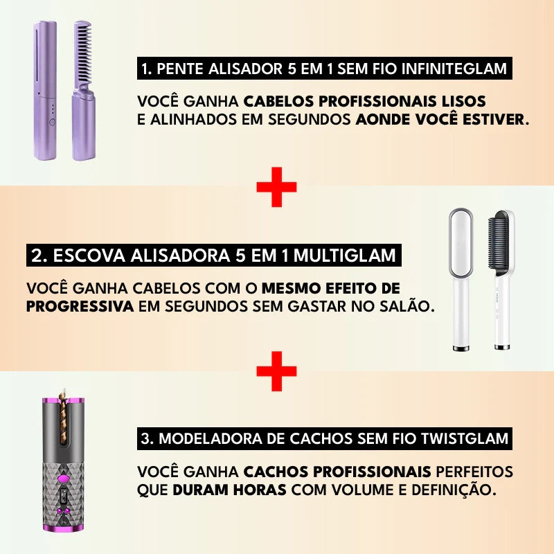Kit Cabelo 3 em 1: Pente, Escova Alisadora, Modelador Cachos Portátil Profissional