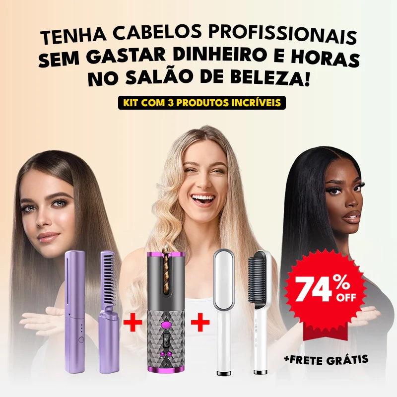 Kit Completo Cabelo 3 em 1: Escova Alisadora, Pente e Modelador Cachos Portátil
