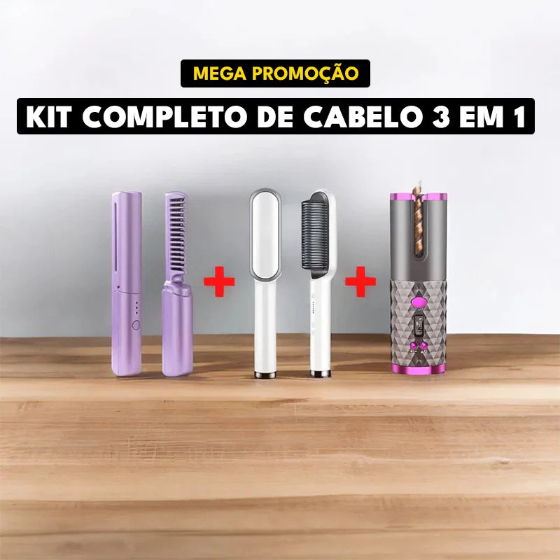 Kit Cabelo 3 em 1: Pente, Escova Alisadora, Modelador Cachos Portátil Profissional