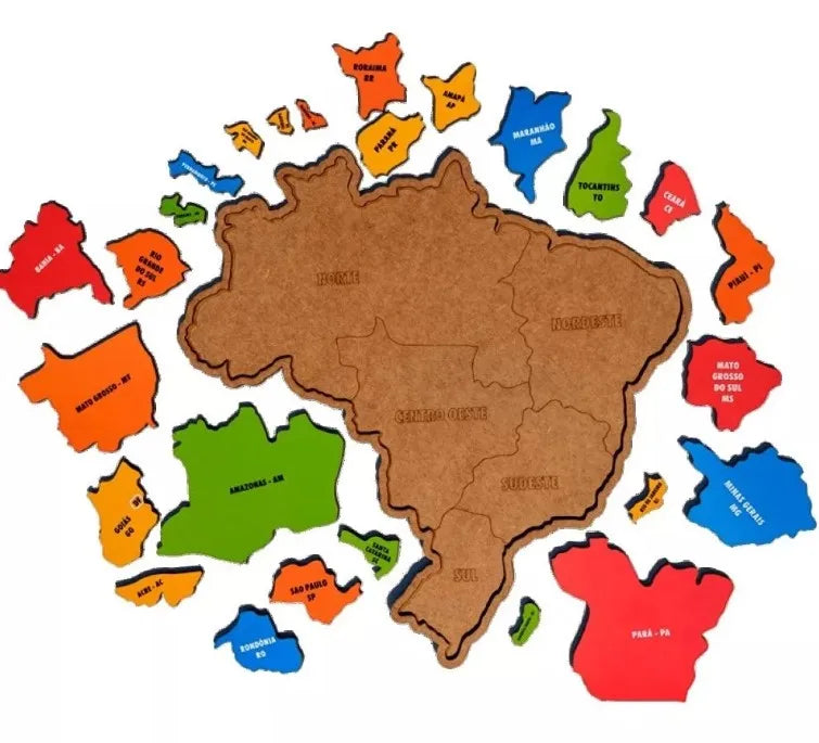 Quebra-Cabeça Educativo Infantil Mapa do Brasil de Madeira Colorido Interativo
