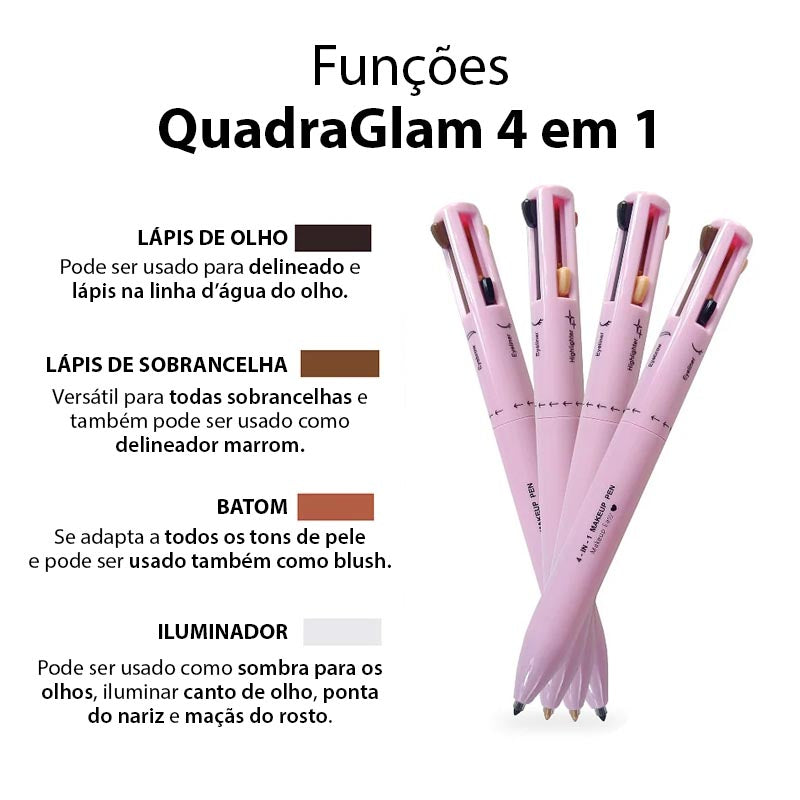 Caneta Maquiagem QuadraGlam 4 em 1: Delineador, Sobrancelha, Batom, Iluminador Multifuncional