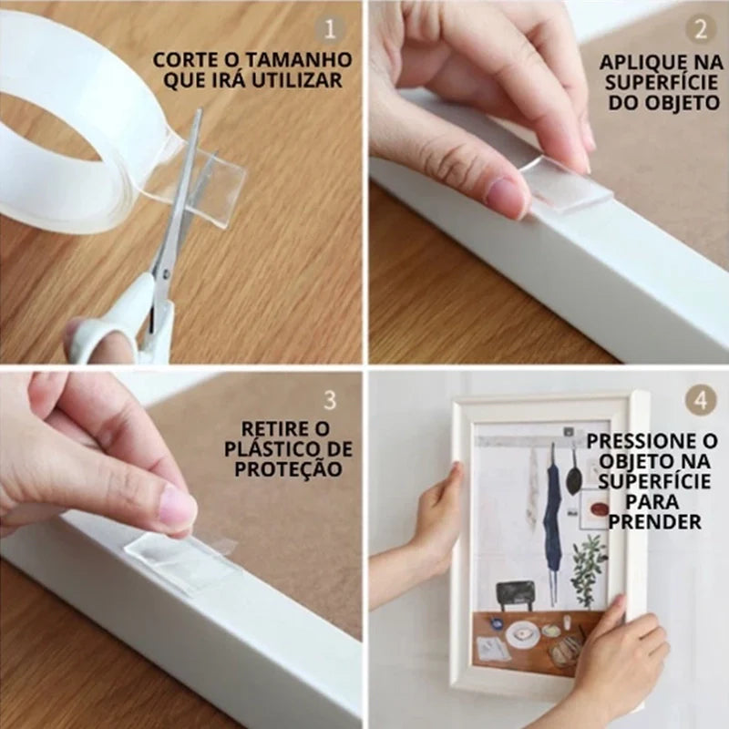 Fita Dupla Face Adesiva Gripo Transparente Ultra Forte Reutilizável Sem Furos