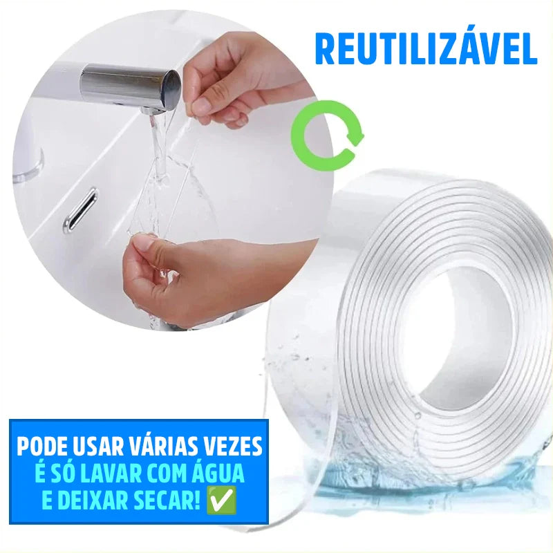 Fita Dupla Face Adesiva Gripo Transparente Ultra Forte Reutilizável Sem Furos