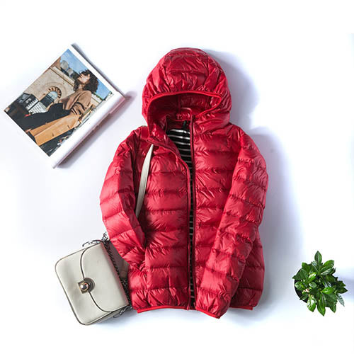 Jaqueta Puffer Feminina Premium com Capuz: Leve, Quente e Impermeável de Ganso