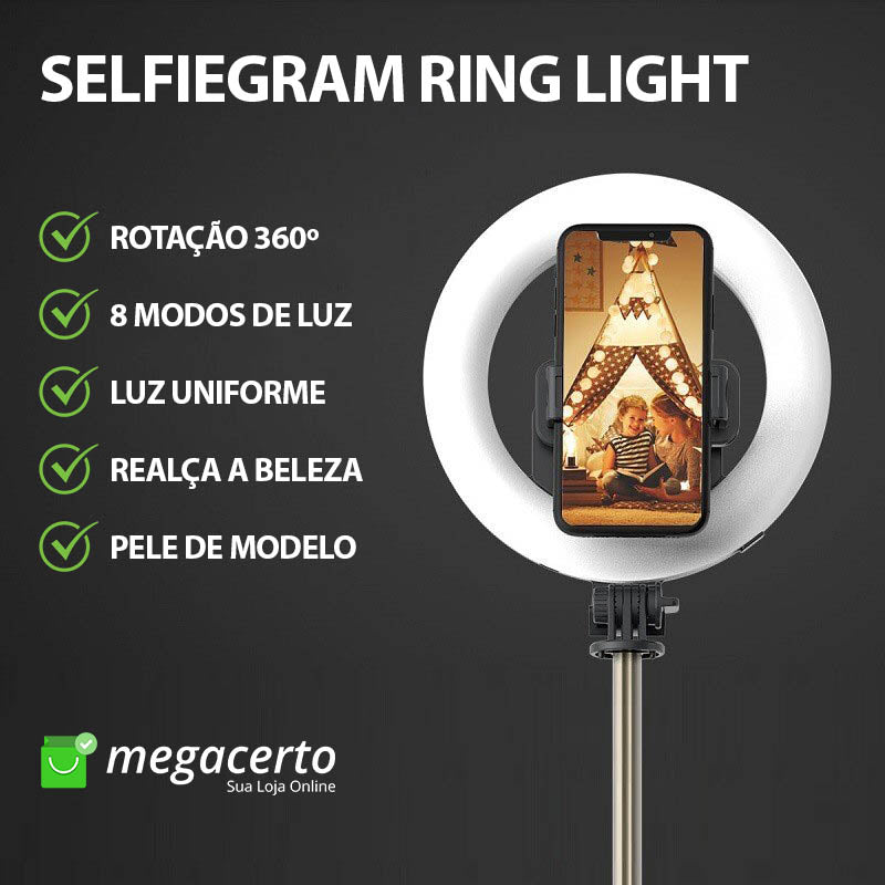 Selfiegram Ring Light: Tripé Extensível 90cm, Iluminação LED, Bluetooth, Fotos Profissionais