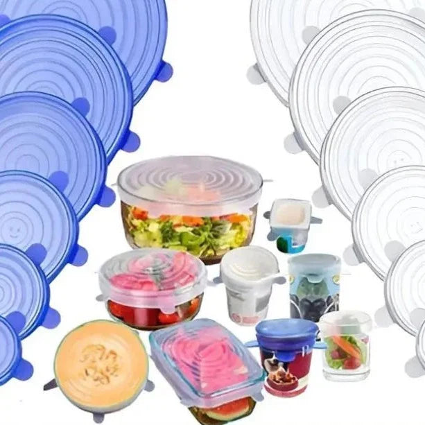 Kit 6 Tampas de Silicone Flexível Reutilizáveis Universal para Alimentos Frescos Tigelas Potes Panelas