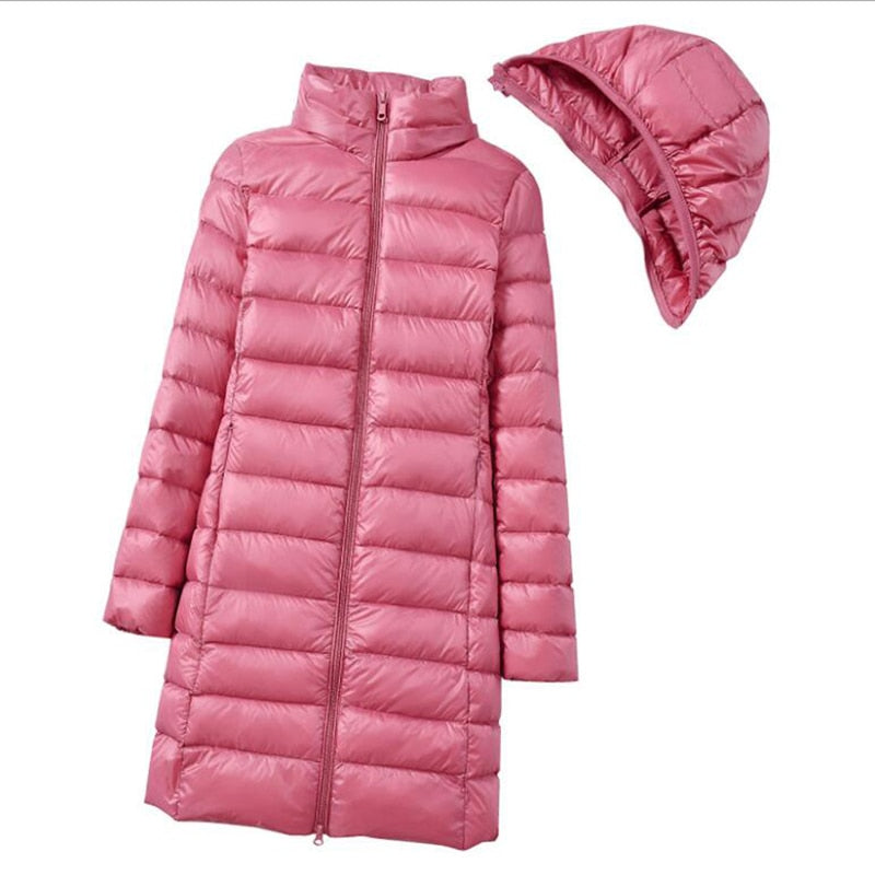 Jaqueta Puffer Feminina Longa com Capuz, Quente e Estilosa para o Inverno