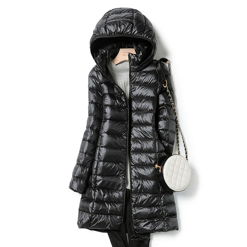 Jaqueta Puffer Feminina Longa com Capuz, Quente e Estilosa para o Inverno