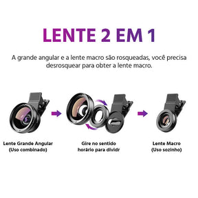 Kit Lentes Fotográficas Profissionais 2 em 1 Universal Macro Grande Angular para Smartphone