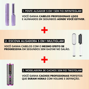 Kit Cabelo 3 em 1: Pente, Escova Alisadora, Modelador Cachos Portátil Profissional