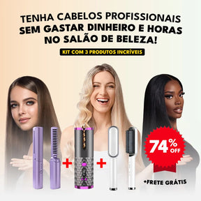 Kit Completo Cabelo 3 em 1: Escova Alisadora, Pente e Modelador Cachos Portátil