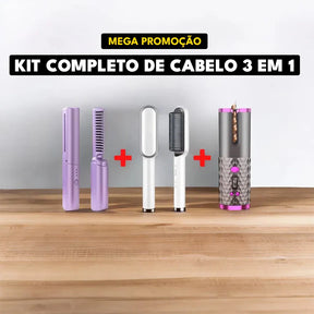 Kit Completo Cabelo 3 em 1: Escova Alisadora, Pente e Modelador Cachos Portátil