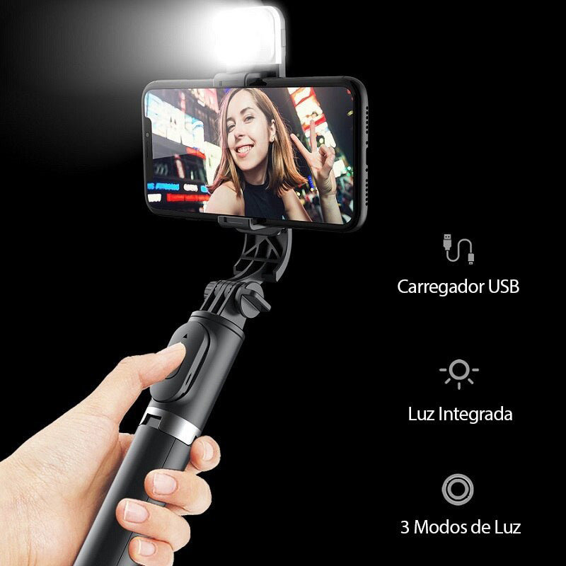 Selfiegram Tripé 4 em 1: Luz Integrada, Bluetooth, Fotos/Vídeos Perfeitos