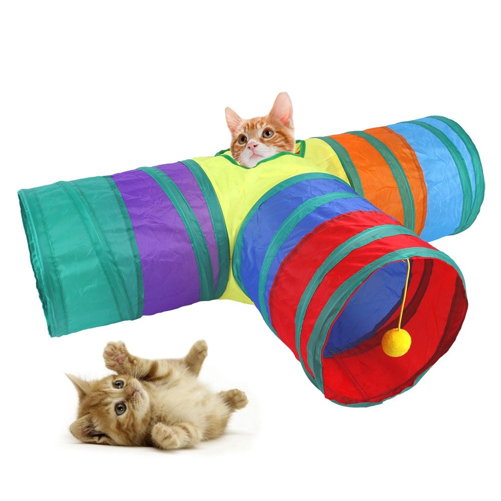 Túnel Interativo Colorido para Gatos: Brinquedo Dobrável com Bolinha Pompom Playtime
