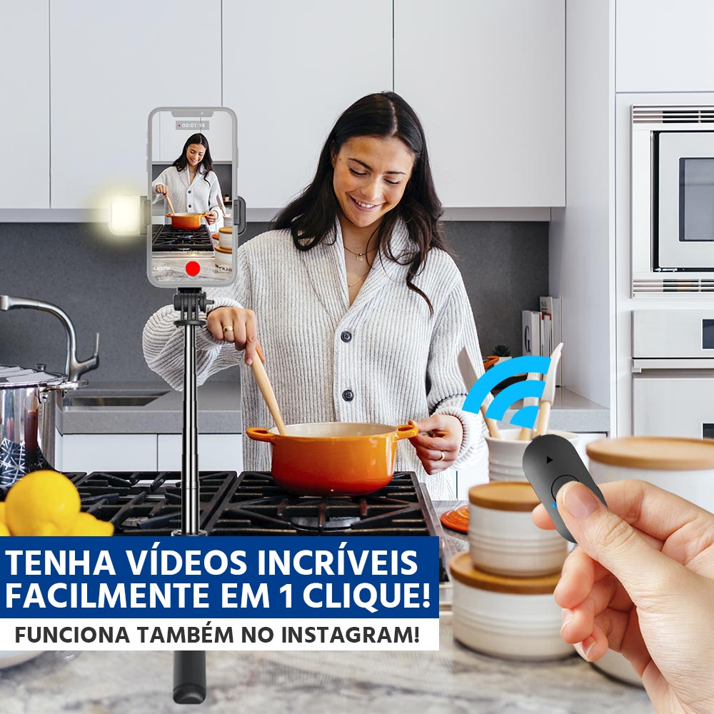 Selfiegram Tripé Multifuncional 5 em 1: Luz LED, Bluetooth, Fotos e Vídeos