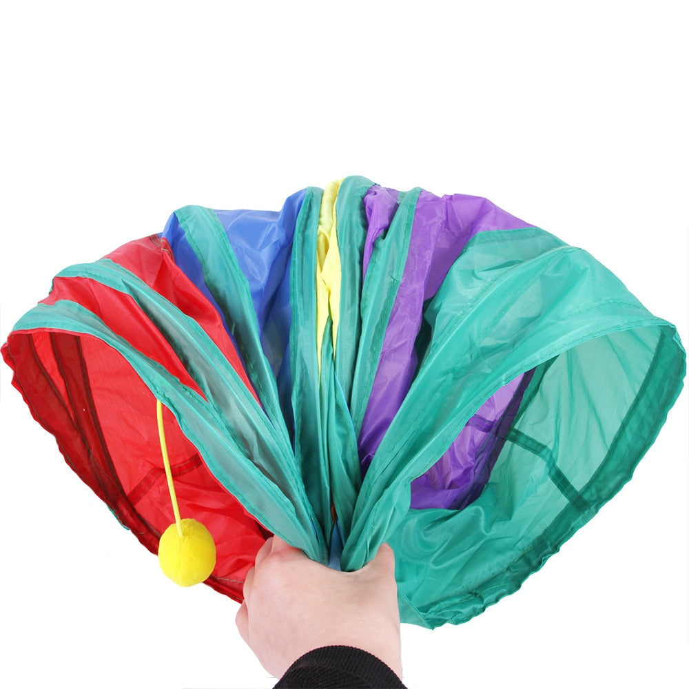 Túnel Interativo Colorido para Gatos: Brinquedo Dobrável com Bolinha Pompom Playtime