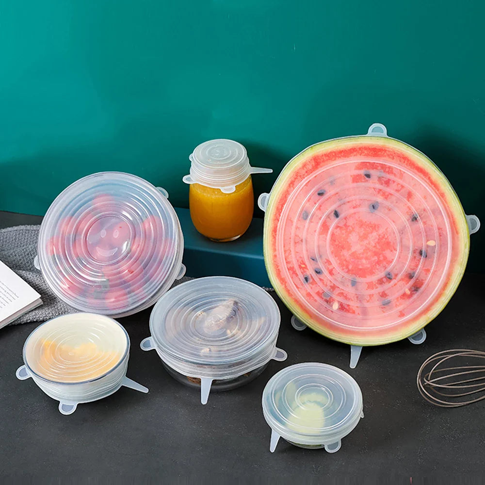Kit 6 Tampas de Silicone Flexível Reutilizáveis Universal para Alimentos Frescos Tigelas Potes Panelas