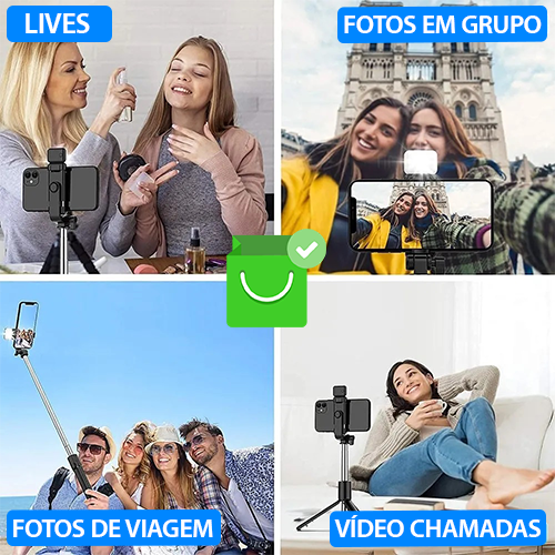 Selfiegram Tripé 4 em 1: Luz Integrada, Bluetooth, Fotos/Vídeos Perfeitos
