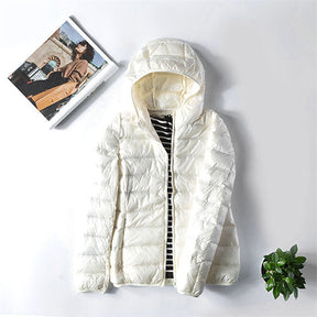 Jaqueta Puffer Feminina Premium com Capuz: Leve, Quente e Impermeável de Ganso