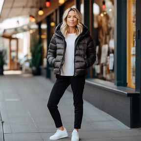 Jaqueta Puffer Feminina Premium com Capuz: Leve, Quente e Impermeável de Ganso