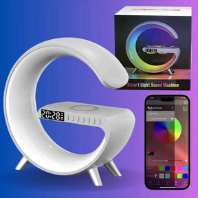 Luminária Smart Multifuncional com Carregador Sem Fio, Som Bluetooth e Despertador Integrado