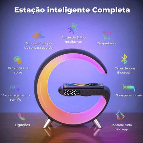 Luminária Smart Multifuncional com Carregador Sem Fio, Som Bluetooth e Despertador Integrado