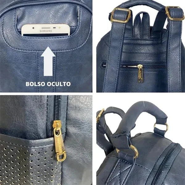 Mochila Feminina Lux Grande em Couro Sintético, Antifurto, Vários Compartimentos