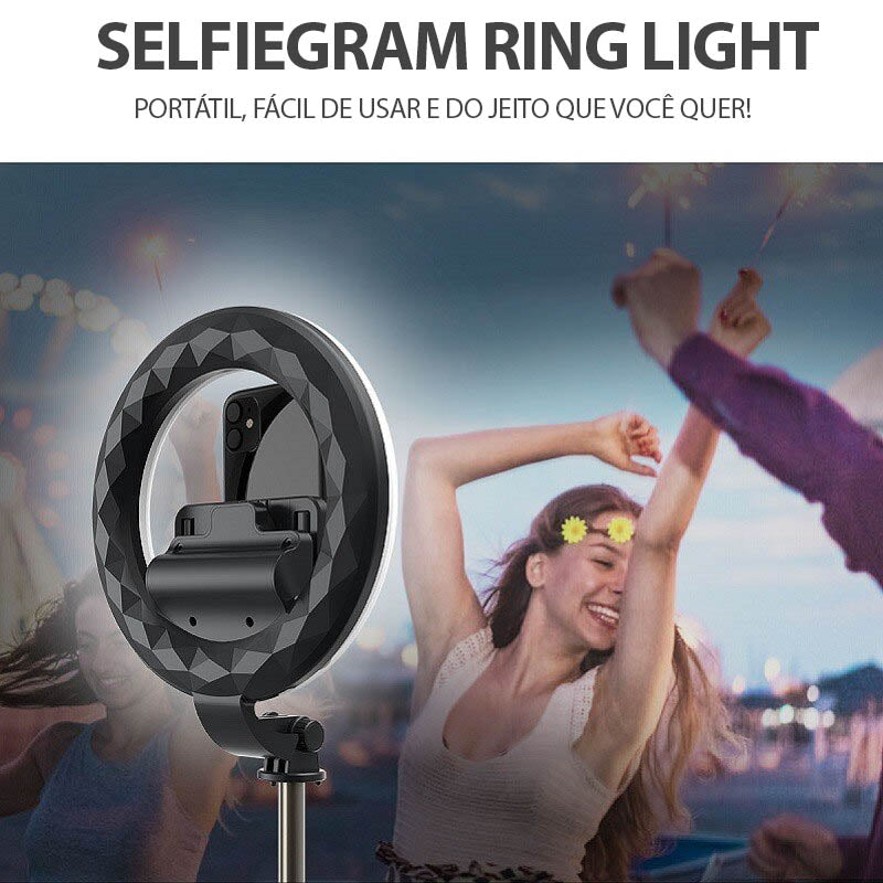 Selfiegram Ring Light: Tripé Extensível 90cm, Iluminação LED, Bluetooth, Fotos Profissionais